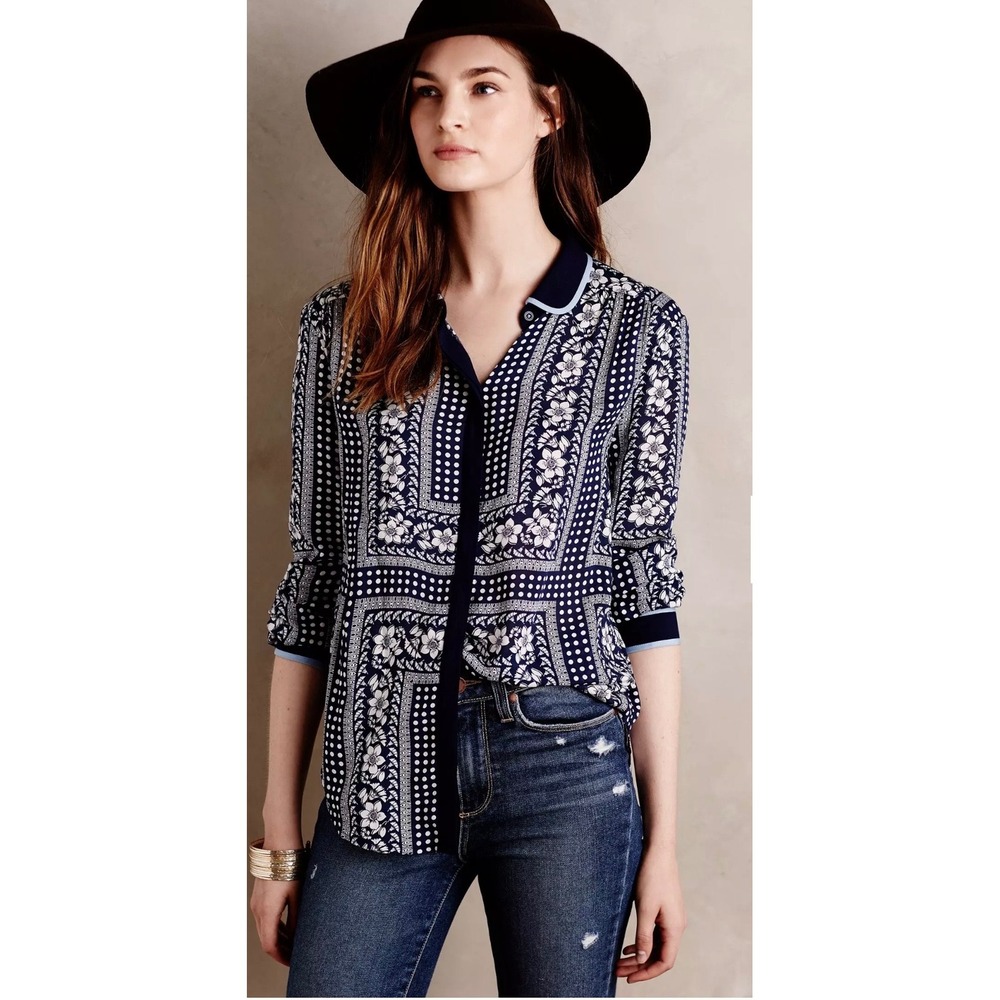 Maeve Anthropologie Navy Floral Polka‎ Dot Peter Pan Collar Button Down Blouse 4